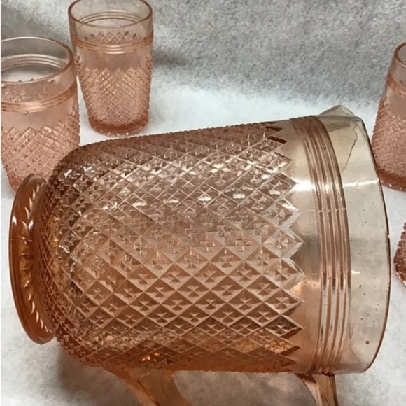 Pink Depression glass Miss America pitcher and glasses mint condition VINTAGE - Picture 4 of 8